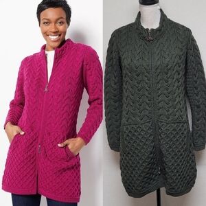 Rare Aran Craft Hunter Green Honeycomb Knit Trinity Knot Pull Cardigan Sweater S
